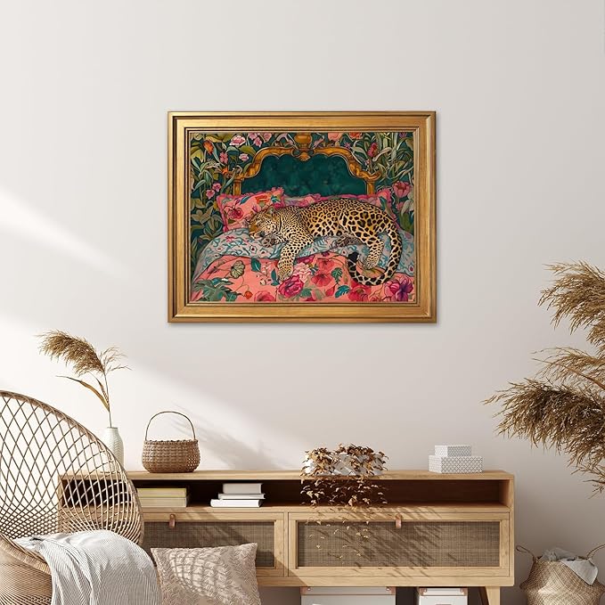 Gold Framed Sleeping Leopard Wall Art Luxury Jungle Colorful Cheetah Animal Poster Retro Maximalist Tropical Floral Pink Dopamine Canvas Print Aesthetic for Bedroom Home Decor 24x36inch