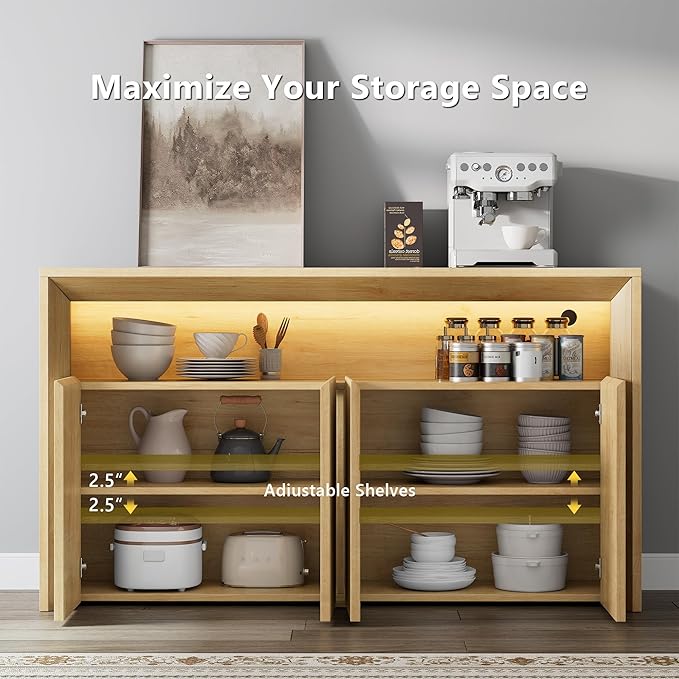 66.2" Buffet Cabinet with Storage and led Lights,Modern Sideboard Cabinet with 4 Doors & Shelves,Fluted Media Console Mid Century Coffee Bar Table for Living Room Kitchen Dining Room,Oak