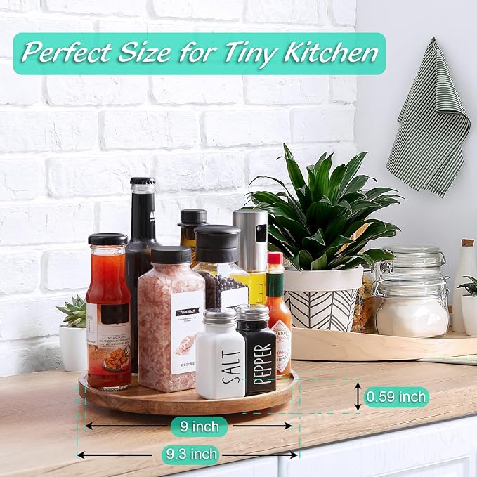 9" Acacia Wood Lazy Susan Turntable Organizer, Lazy Susan for Table Top Cabinet Dining Pantry Countertop Cupboard Organization, Decorative Tray for Kitchen Bathroom Decor Coffee Bar Accessories