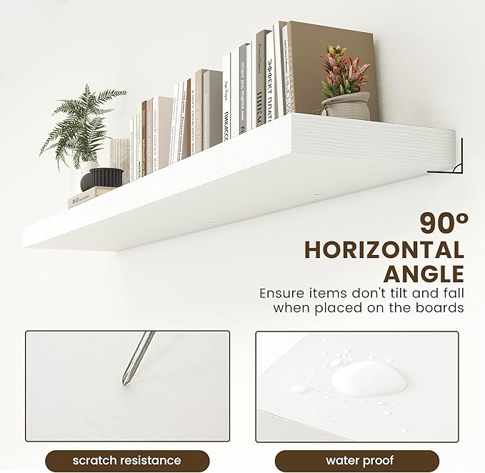 72 Inch White Floating Shelf | 12 Inch Deep Floating Shelves Set of 1 | 72" D x 12" D Rustic Wood Shelves for Wall | Deep White Shelves for Living Room Bathroom Laundry Room Kitchen