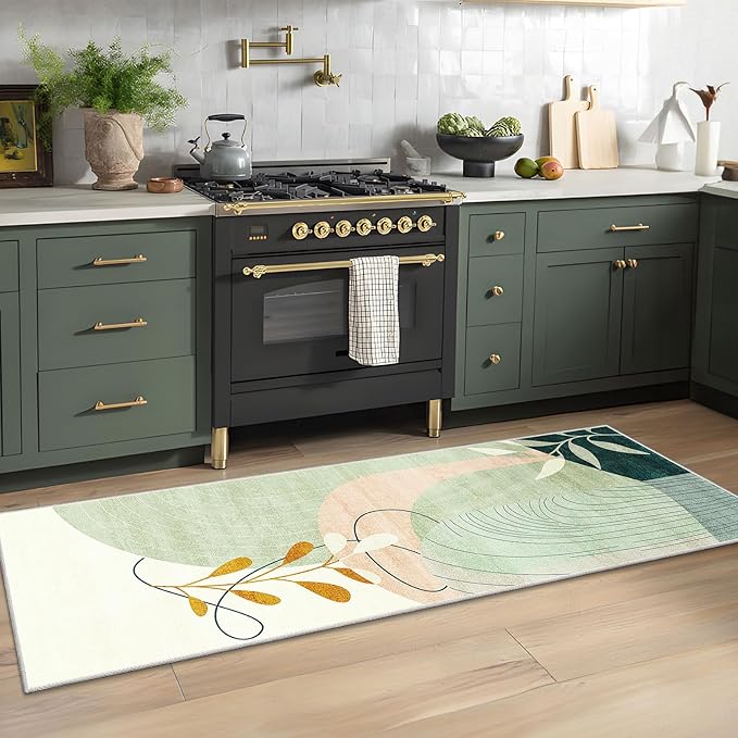 MUJOO Washable 2x6 Runner Rugs for Kitchen Hallway Bedside Bathroom Laundry Room Bedroom Floor,Boho Long Area Rug Non Slip Carpet Throw Rug Mid Century Modern Abstract Botanical Geometric Green