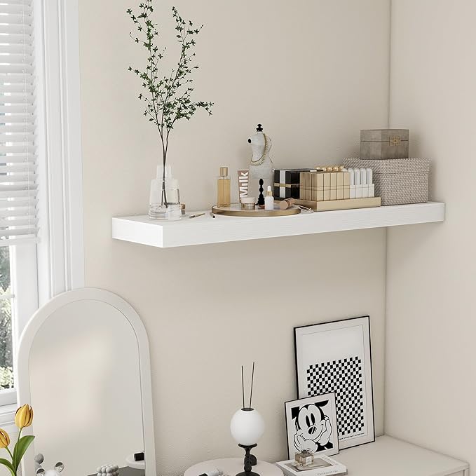 48 Inch White Floating Shelf | 12 Inch Deep Floating Shelves Set of 1 | 48" D x 12" D Rustic Wood Shelves for Wall | Deep White Shelves for Living Room Bathroom Laundry Room Kitchen