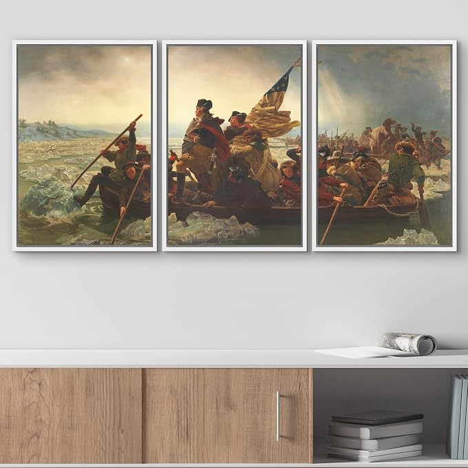 wall26 Framed Canvas Print Wall Art Set Washington Crossing The Delaware by Emanuel Leutze Cultural Historic Oil Painting Fine Art Reproduction for Living Room, Bedroom, Office - 24"x36"x3 White