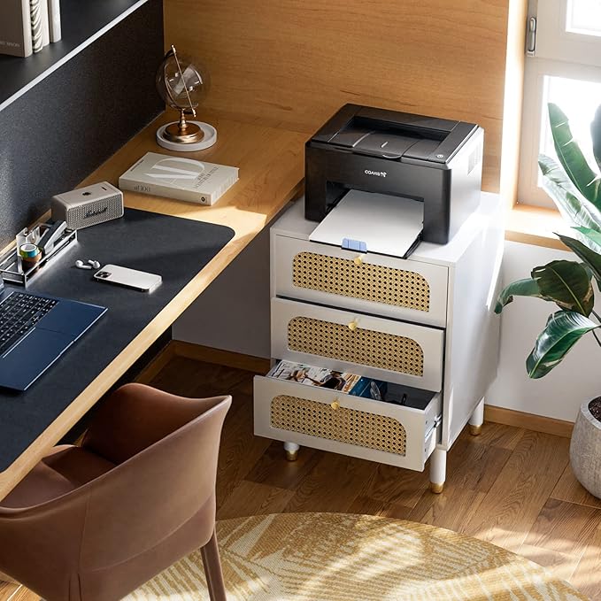VINGLI Rattan Nightstand with Charging Station, 27" Tall White Nightstand with 3 Drawers for Bedroom, Boho Mid Century Modern Bed Side Table/End Table (White, 2 Pack)