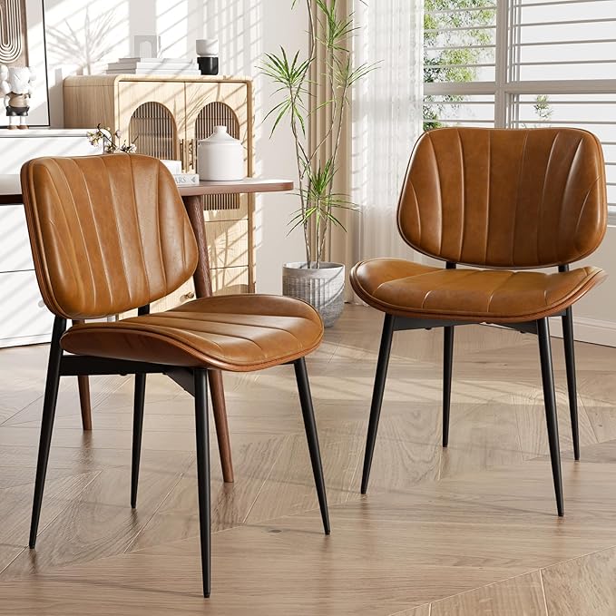 Dining Chair, Mid Century Modern Dining Room Chairs, Upholstered Faux Leather Kitchen Chairs with Walnut Bentwood Back and Metal Legs for Kitchen Dining Room Living Room, Brown