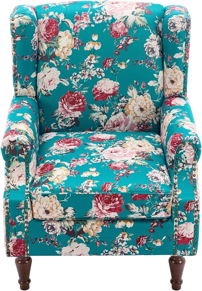 High Back Floral Accent Chair - Retro Wingback Upholstered Armchair with Nailhead Trim, Solid Wood Legs, Fabric Living Room Bedroom Reading Chair (Peacock Blue)