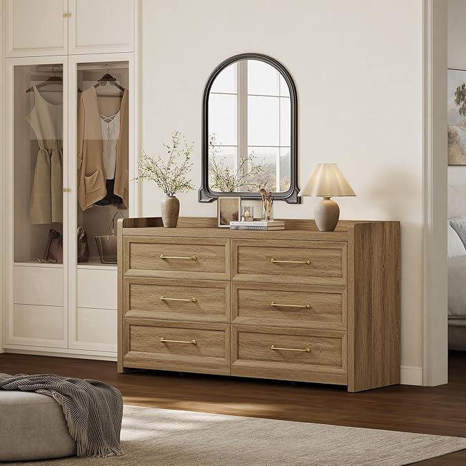 SICOTAS 6 Drawer Dresser for Bedroom-112.8" Extra-Wide Wooden Chest of Drawers with Large Storage, Long Dresser TV Stand with Drawers, Mid Century Modern Closet Dressers for Nursery, Brown Oak, 2PCS