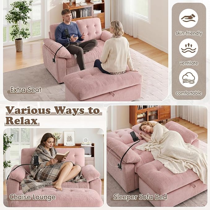 Oversized Chaise Lounge Chair Indoor with Ottoman&Adjustable Backrest,Chenille Tufted Recliner Comfy Loveseat Sofa Chair with USB&Phone Holder,Convertible Sleeper Couch Bed for Living Room(56"W,Pink)