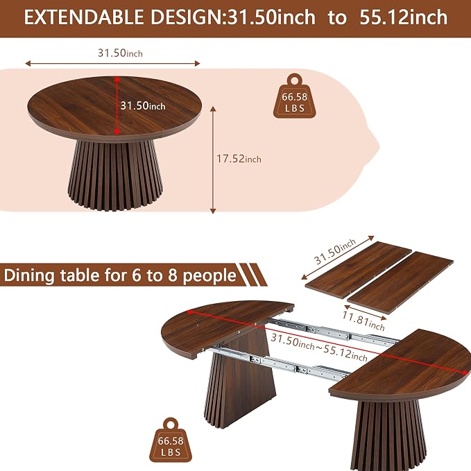 SSLine Extendable Coffee Table, 31.5"-55.1" Round to Oval Walnut Wooden Coffee Table with Fluted Base, 3 Adjustable Lengths, Space Saving Center Tables for Living Room Small Space