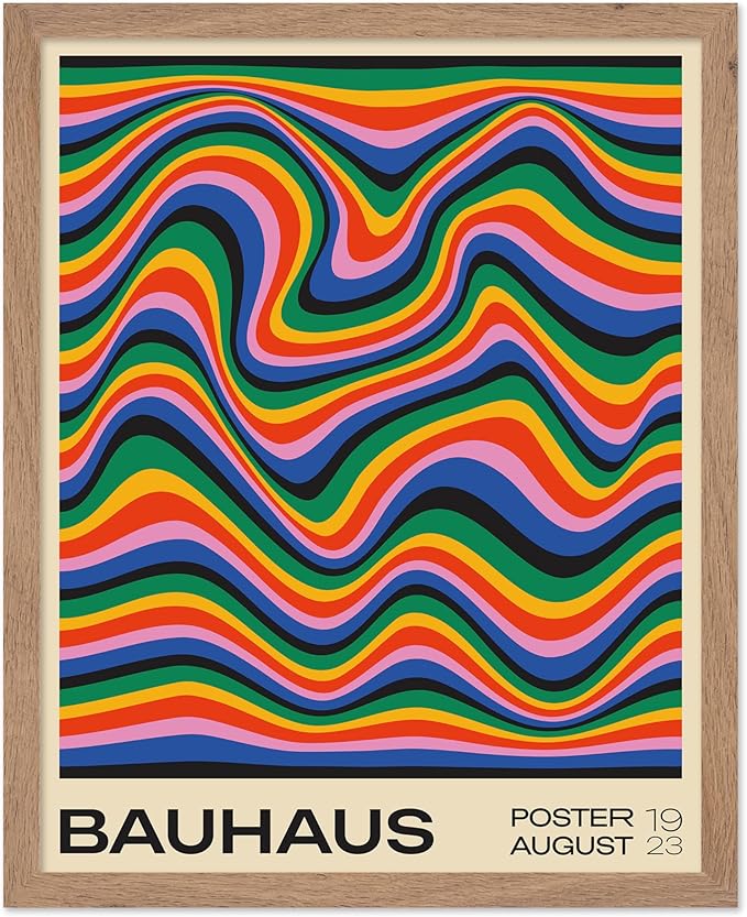 Poster Master Bauhaus Poster - Psychedelic Waves Print - Abstract ART - Rainbow ART - Groovy Style - Chic Boho - Mid Century Modern - Living Room or Bedroom Wall Decor - 11x14 Beige Framed