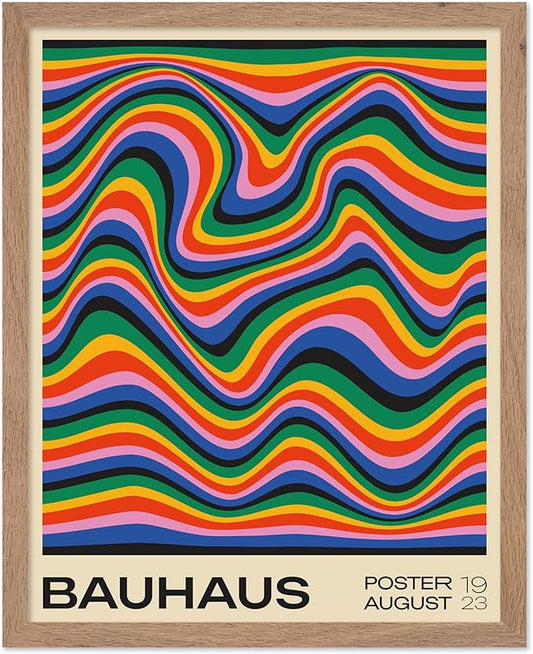Poster Master Bauhaus Poster - Psychedelic Waves Print - Abstract ART - Rainbow ART - Groovy Style - Chic Boho - Mid Century Modern - Living Room or Bedroom Wall Decor - 11x14 Beige Framed