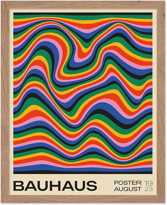 Poster Master Bauhaus Poster - Psychedelic Waves Print - Abstract ART - Rainbow ART - Groovy Style - Chic Boho - Mid Century Modern - Living Room or Bedroom Wall Decor - 16x20 Beige Framed