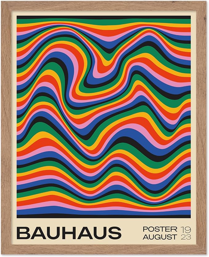Poster Master Bauhaus Poster - Psychedelic Waves Print - Abstract ART - Rainbow ART - Groovy Style - Chic Boho - Mid Century Modern - Living Room or Bedroom Wall Decor - 8x10 Beige Framed