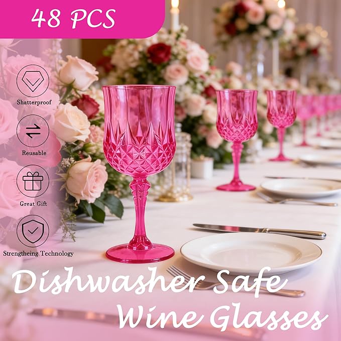 Plastic Wine Glasses, Plastic Goblets Vintage Style Cordial Drinking Glasses for Valentine’s Day, Wedding Reception, Grand Event Party Supplies (48, Hot Pink)
