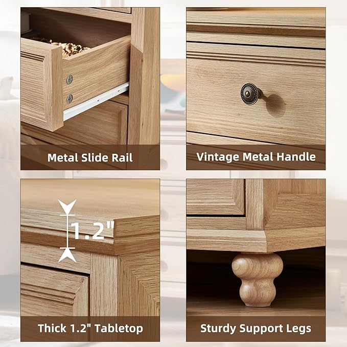 Farmhouse Nightstand with Charging Station, 24" Wide End Table with 3 Drawers,Natural Wood Dresser Cabinet for Bedroom, Bed Side Table Chest of Drawers,Night Stand for Living Room, Closet