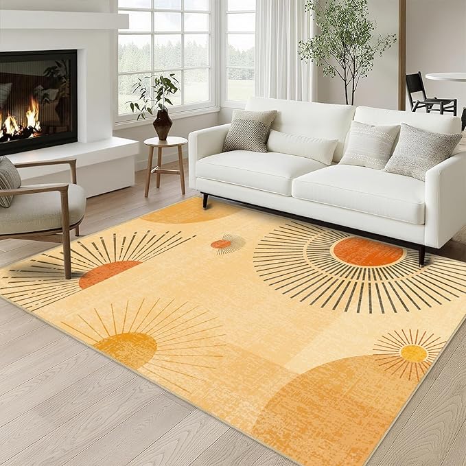 Sun Large Area Rug 4x6 for Living Room Mid Century Modern Rugs Machine Washable Boho Geometric Rug Non Slip Printed Low Pile Indoor Floor Carpet for Dining Room Bedroom Office,Yellow