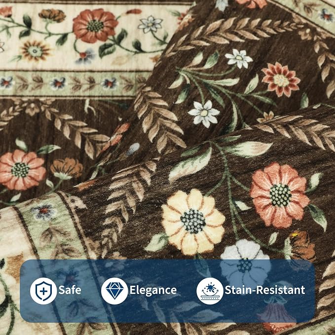 GarveeHome Living Room Rug 5x7 Rug Machine Washable Stain Resistant Area Rug Non Slip Floral Vintage Low Pile Rugs for Living Room, Bedroom, Farmhouse, Dining Room, Kids PlayroomBrown Natural