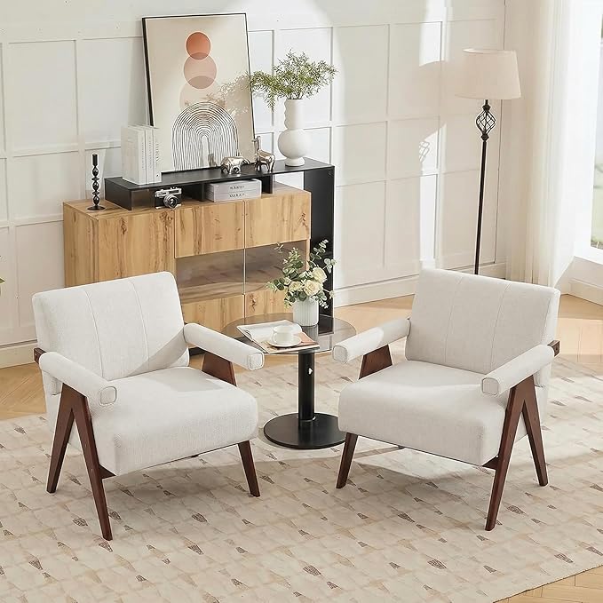AODAILIHB Mid Century Modern Accent Chair Set of 2, Solid Wood Frame White Linen Armchairs, Modern Reading & Living Room Chairs for Office Guest & Waiting Room