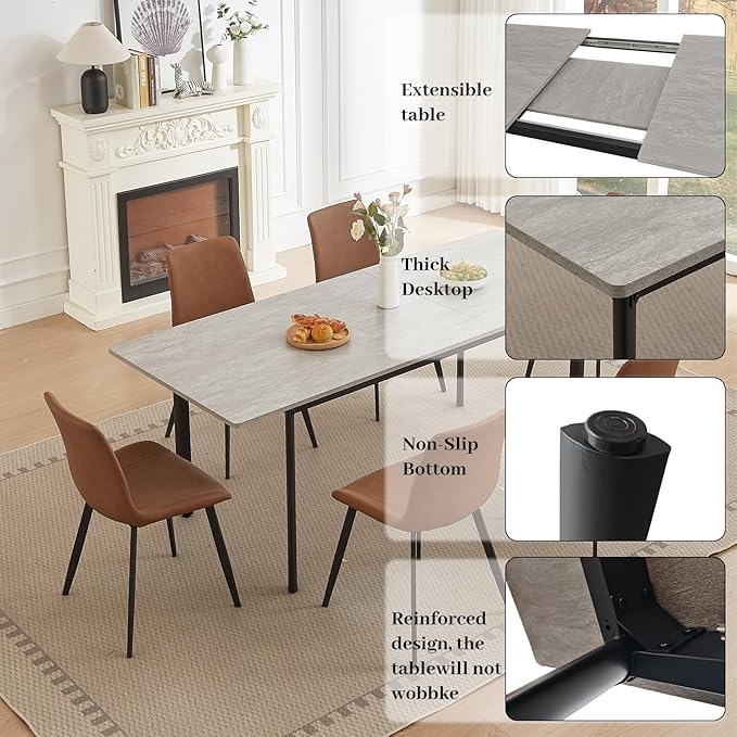 63"- 78.7" Extendable Dining Table Set for 8, Modern Kitchen Table with 8 PU Leather Chairs, Thickened Expandable MDF Wooden Table with Metal Legs for Dining Room, Kitchen, Office