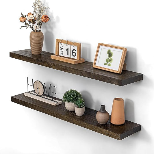 Wood Floating Shelves 36 Inch Long, Rustic Solid Elm Wood Shelves for Home Decor, 8 Inch Deep Wall Shelf with Invisible Bracket for Living Room Bathroom Bedroom Kitchen, Walnut Color, Set of 2