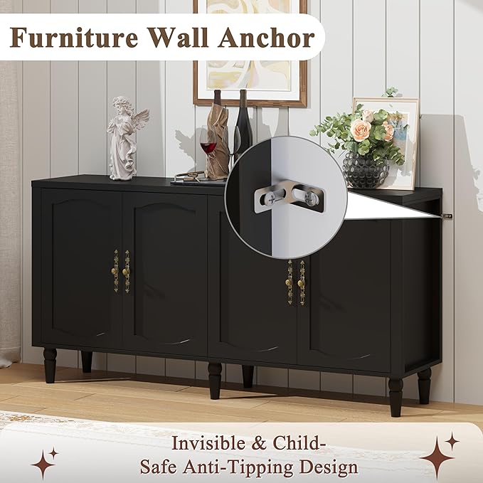 63" Sideboard Buffet Cabinet with Storage, Mid Century Modern Credenza with Adjustable Shelves & Carved Handles, Large Kitchen Buffet Table Coffee Bar for Dining Room & Living Room - Black