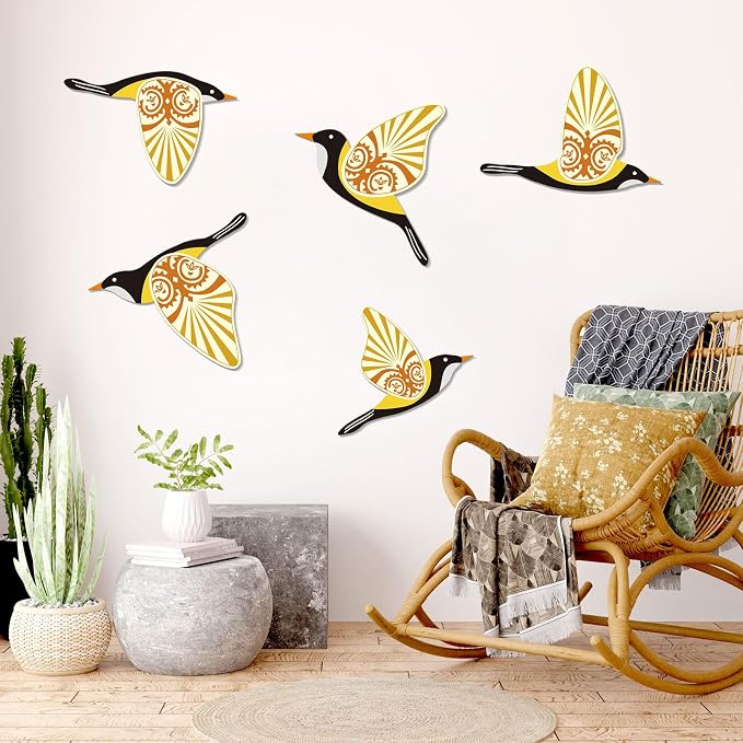 KOYILTD 5 Piece Bird Wood Wall Sculptures Wooden Wall Art Decor Scandinavian Home Decorations Flying Bird Wall Decor Farmhouse Wall Art for Home Living Room Bathroom Dining Room (Yellow)