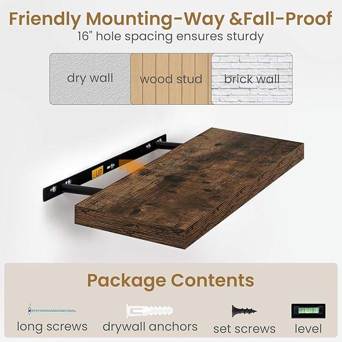 36"W x 9.3"D Floating Shelves for Wall, Wall Mounted Bathroom Shelves 2 Pack Deep Floating Shelf for Bedroom Kitchen Living Room, Rustic Wooden Wall Shelf with Invisible Bracket for Books Decor