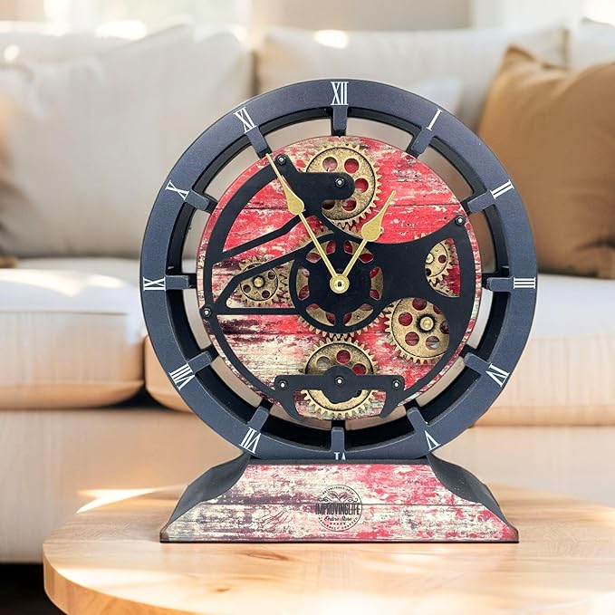 ImprovingLife The Gears Clock Desk Clock 10 inches with Real Moving Gears Convertible into Wall Clock (Red Lava)