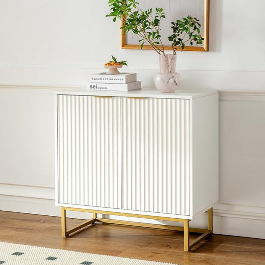 Fluted Storage Cabinet Sideboard Buffet Cabinet, Modern Accent Cabinets with Adjustable Shelves, Wooden Credenza, Console Table Entryway Cabinets for Living Dining Room, White