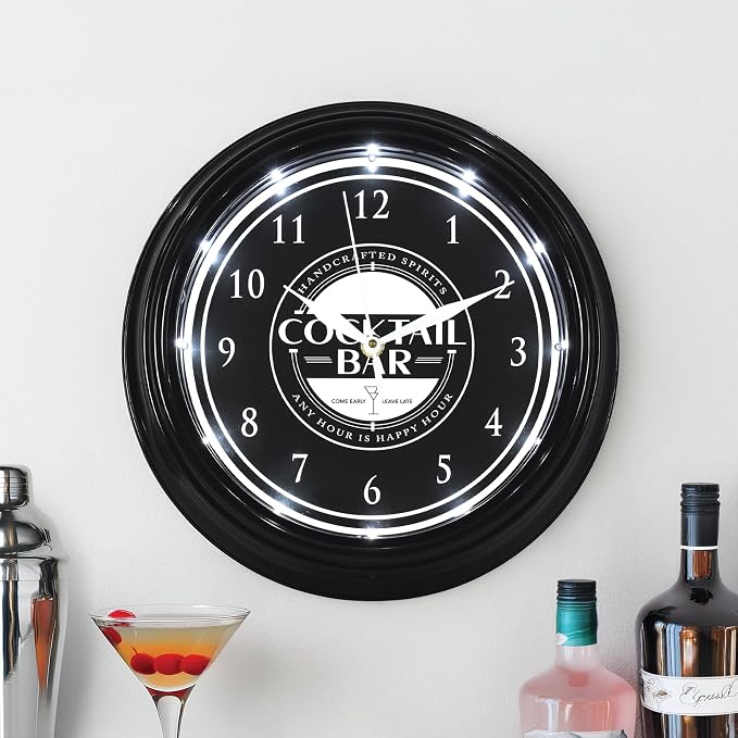 American Art Decor Cocktail Bar LED Modern Wall Clock - 12" for Home, Happy Hour Bar Decor, Living Room, Office, Game Room, Mancave, Garage (Black/White)