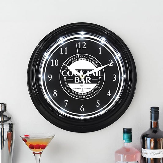 American Art Decor Cocktail Bar LED Modern Wall Clock - 12" for Home, Happy Hour Bar Decor, Living Room, Office, Game Room, Mancave, Garage (Black/White)