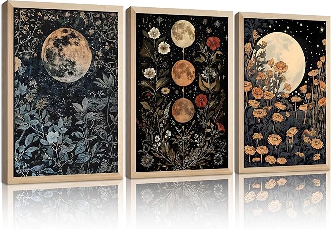 3Pcs Framed Moon Phase Plant Wall Art Canvas Retro Moon Flower Decoration Print Poster Picture Celestial Aesthetic Wall Printing Artwork Bedroom Living Room Office 16x24 Inche