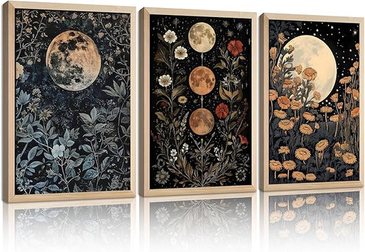 3Pcs Framed Moon Phase Plant Wall Art Canvas Retro Moon Flower Decoration Print Poster Picture Celestial Aesthetic Wall Printing Artwork Bedroom Living Room Office 12x16 Inche