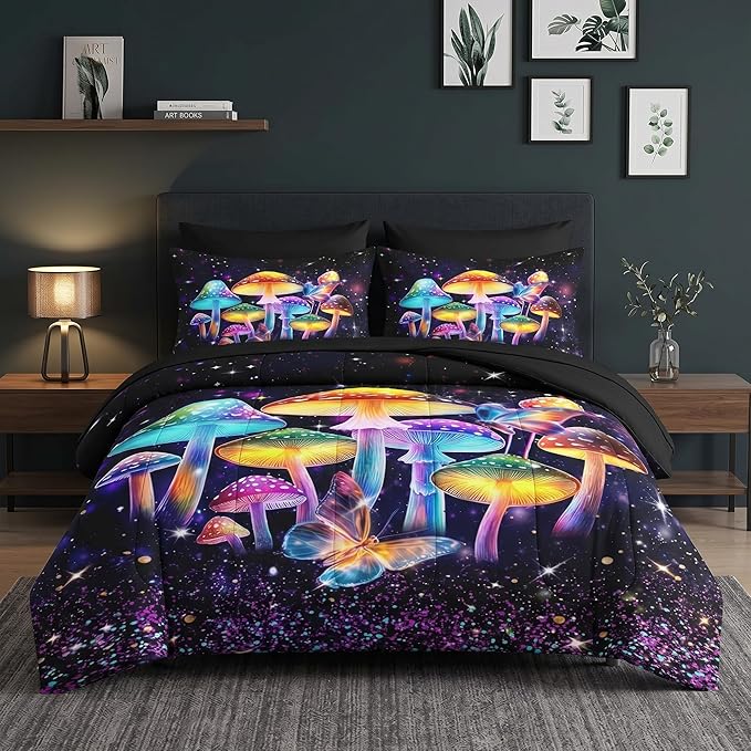 Nesker 7 Pcs Comforter Set Queen Size, Colorful Mushroom Dream Bedding Set for Kids and Adults, Hippie Plant Bed Sheet Sets with Fitted Sheet 2 Pillowcases & 2 Shams