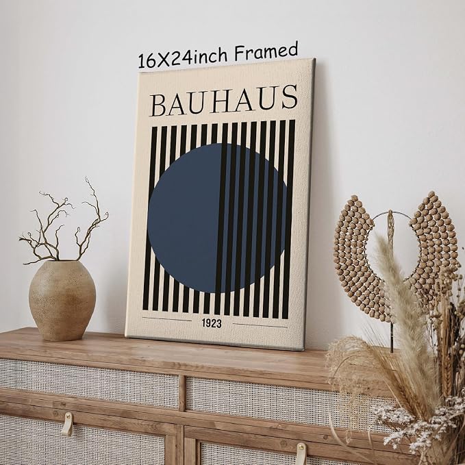 Bauhaus Abstract Geometric Wall Art Bauhaus Exhibition Poster Blue Geometric Pictures Abstract Minimalist Painting Mid-Century Modern Artwork Retro Minimalist Poster Blue Beige Prints 16x24in Framed