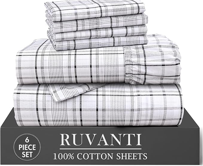 RUVANTI 100% Cotton Percale Sheets King Size 6 Piece Set, Cooling Bed Sheets for Hot Sleepers, Deep Pocket 16”, Breathable Lightweight & Durable, Crisp Hotel Style Sheets, Open Check
