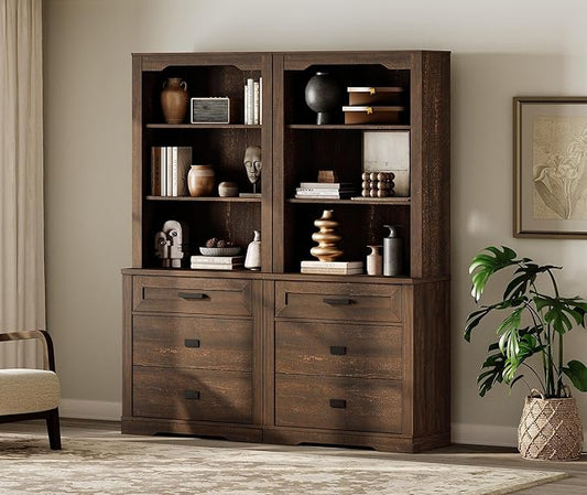 WAMPAT 2 Column 73.3" Tall Bookcase with Chest of Drawers, 63 inch Wide Standing Rustic Bookshelves, Modern Farmhouse Display Storage Cabinet with Adjustable Shelves,Dark Wood Brown