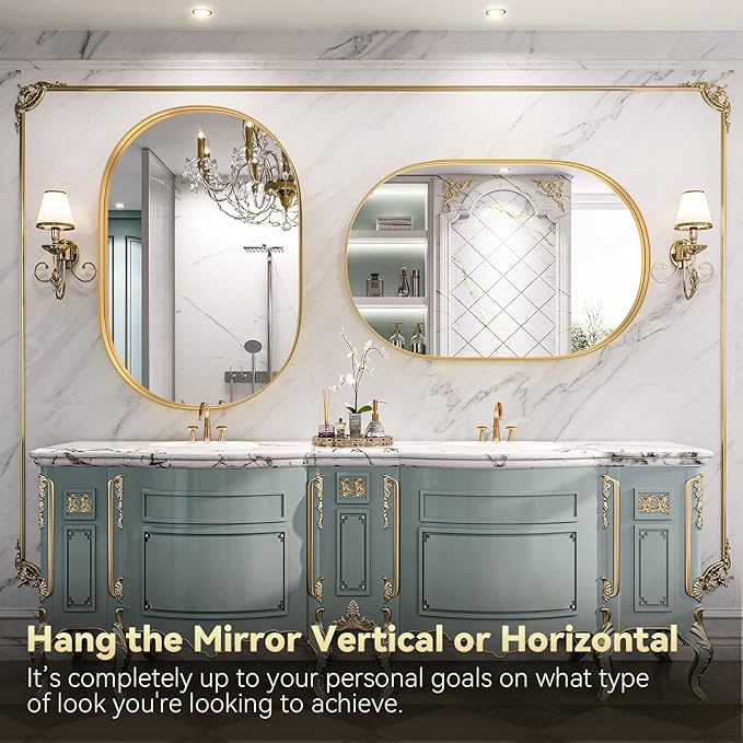 Brightify Gold Oval Mirror for Wall 24x36 Inch, Bathroom Vanity Mirrors Gold Metal Framed, Modern Mirror for Bedroom Living Room Wall Decorative Hang Vertical and Horizontal