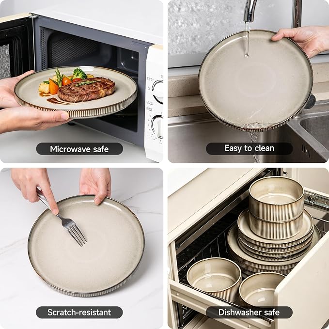 MONITO Ceramic Dinnerware Sets for 4, 12PCS Stoneware Plates and Bowls Sets, Reactive Glaze Dish Set, Chip and Scratch Resistant Double, Microwave and Dishwasher Safe, Brown