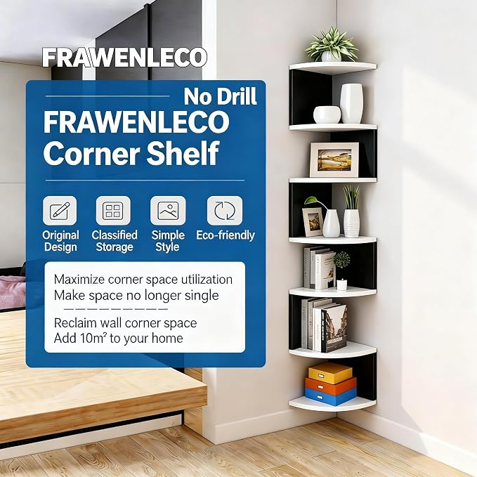 No-Drill Corner Shelf Wall Mount, 7-Tier Floating Corner Bookshelf with Hooks, Space-Saving Zigzag Plant Shelf for Bedroom, Living Room, Bathroom, Home Office(Black & White)