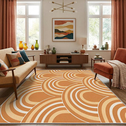 Terracotta Arch Area Rug 7 x 9 ft, Mid-Century Modern Geometric Rug, Burnt Orange Cream Abstract Washable Rug, Soft Low Pile Non-Slip Carpet for Living Room Bedroom