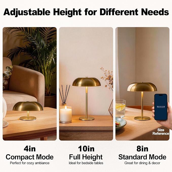 Portable LED Mushroom Table Lamp, Cordless Gold Table Lamp with 3 Color Stepless Dimming, Touch Control, Adjustable Height, Touch Lamp for Nightstand, Bedroom, Coffee Table, Bar, Restaurant, Wedding