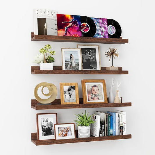Axeman Picture Ledge Shelf | 24 Inch Walnut Floating Shelves Set of 4 | Rustic Wood Wall Shelves with Lip | 24" Walnut Picture Shelves for Wall with Ledge | Photo Shelves