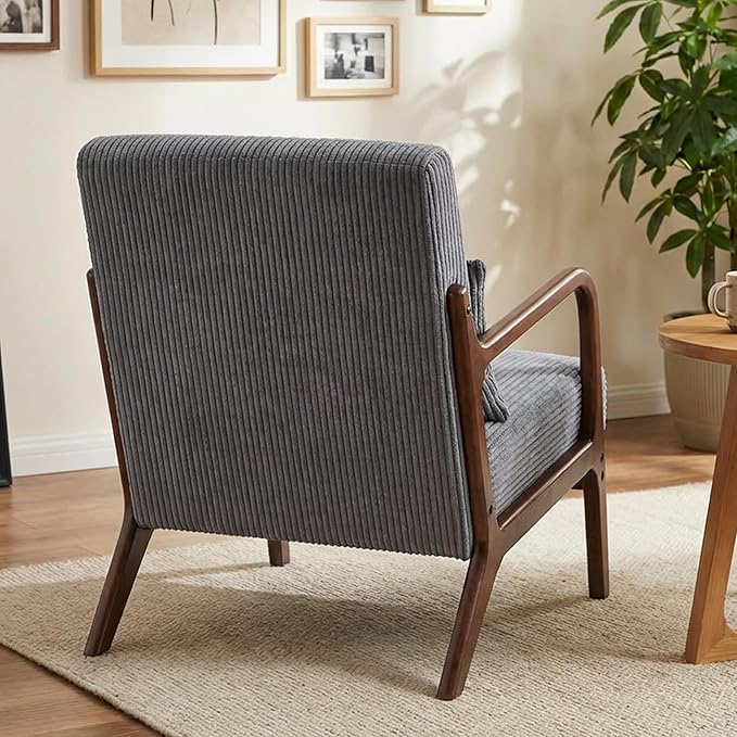 Accent Chairs, Mid Century Modern Chair with Pillow, Arm Chair with Solid Wood, Reading Relaxing Leisure Chair for Living Room, Waiting Room,Grey