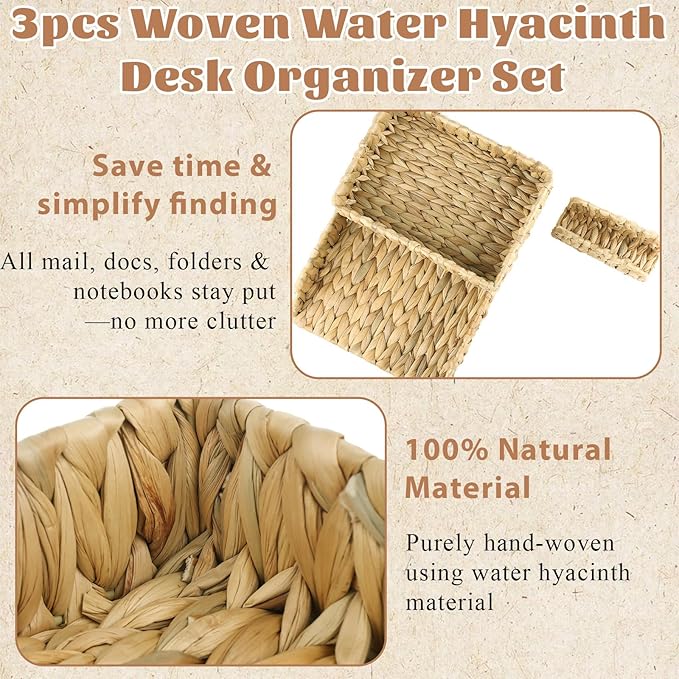 Woven Desk Organizer Letter Tray Set of 3, Water Hyacinth Paper Baskets for Organizing, Rattan A4 File Tray with Letter Sorter, Office Storage Rack for Files Mail Notebooks Stationery
