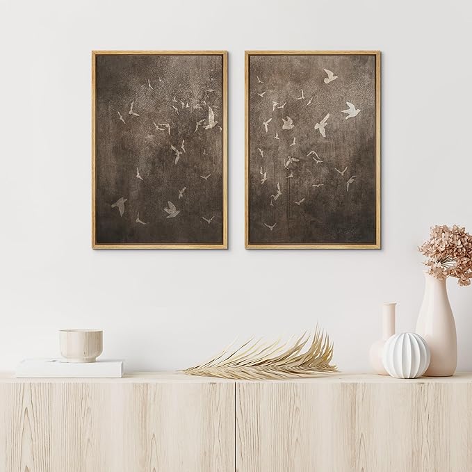 IDEA4WALL Framed Canvas Print Wall Art Set Flying Birds Silhouette Rustic Neutral Tone Abstract Illustrations Modern Art Decorative Calm/Zen for Living Room, Bedroom, Office - 24"x36"x2 Natural