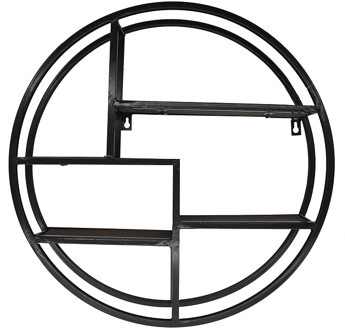 Admired By Nature, 18" Mounted Iron Circle Hanging Storage Shelving Floating Shelf 4 Tier Floating Circular Wall Decor Round Decorative Hanging Shelves, Sphere Shape Wall Shelf For Home, Black, 1 unit