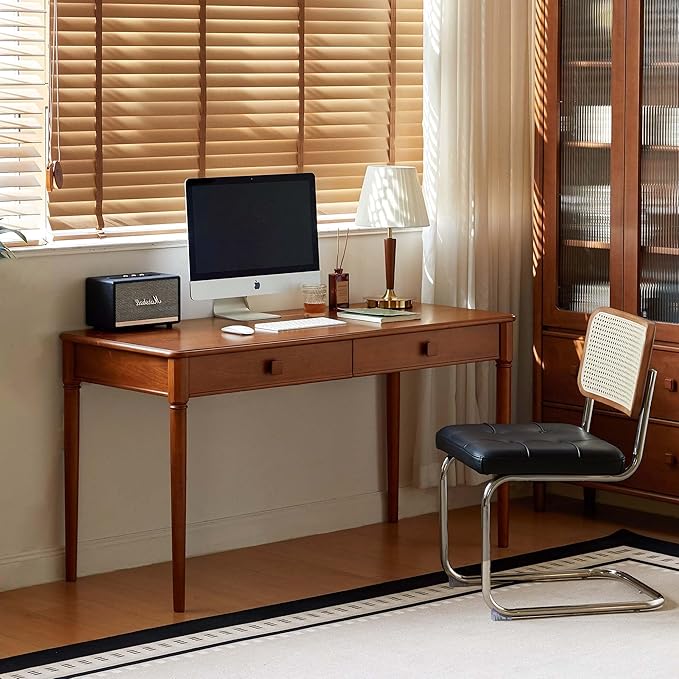 Solid Wood Computer Desk, Mid-Century Modern Home Office Desk with Drawers for Study, Working, Home Office 55" W