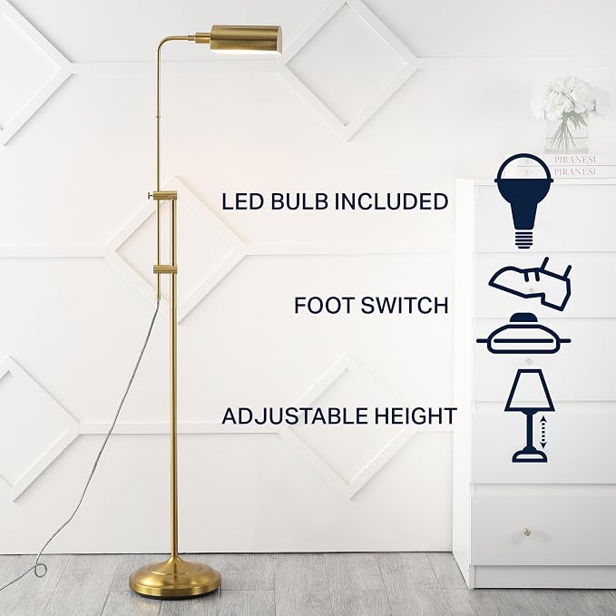 JONATHAN Y 63"-63" Brass Gold Industrial Iron Pharmacy LED Floor Lamp, Height-Adjustable Minimalist Standing Task Lamp for Living Room, Office, UL Listed, LED Bulb Included JYL3095A