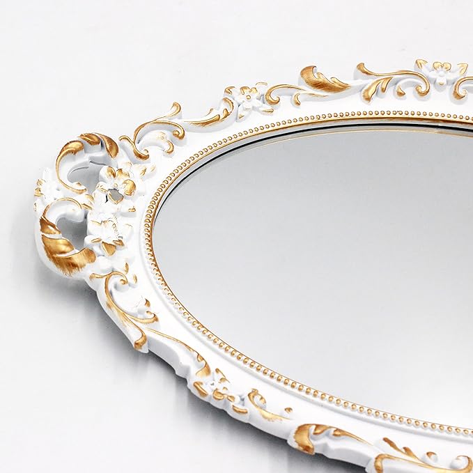 Tstarer Vintage Decorative White Framed Mirror, Small Oval Wall Hanging Mirror - 9.6" W x 14.3" L (White)